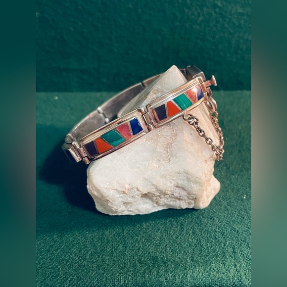 Sterling Panel Link Bracelet with Stone Inlay - Picture 1 of 9
